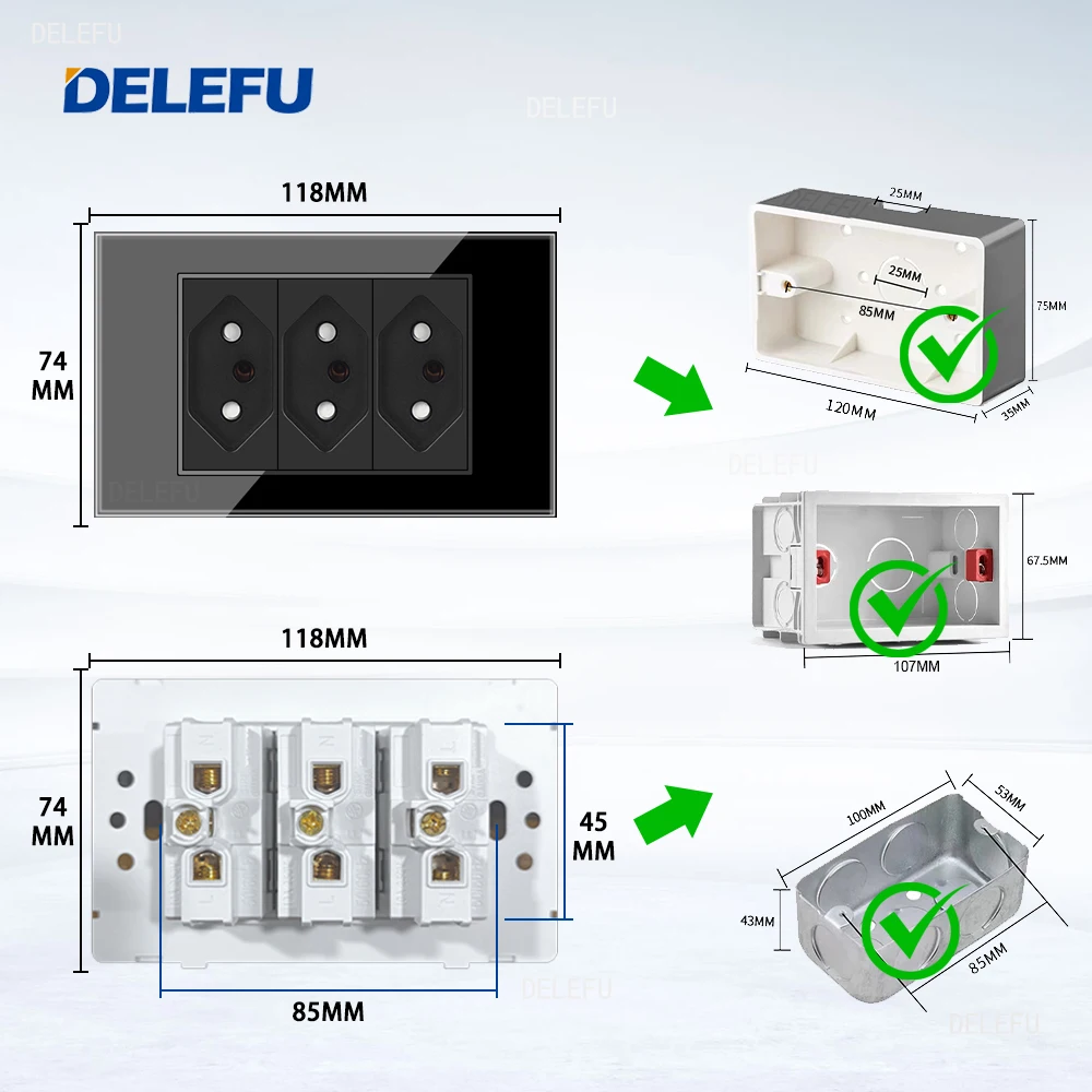 DELEFU 4*2 Black Tempered Glass Brazil Standard Outlet Dual Usb Type C Wall Socket Light Switch Switzerland 10A 20A