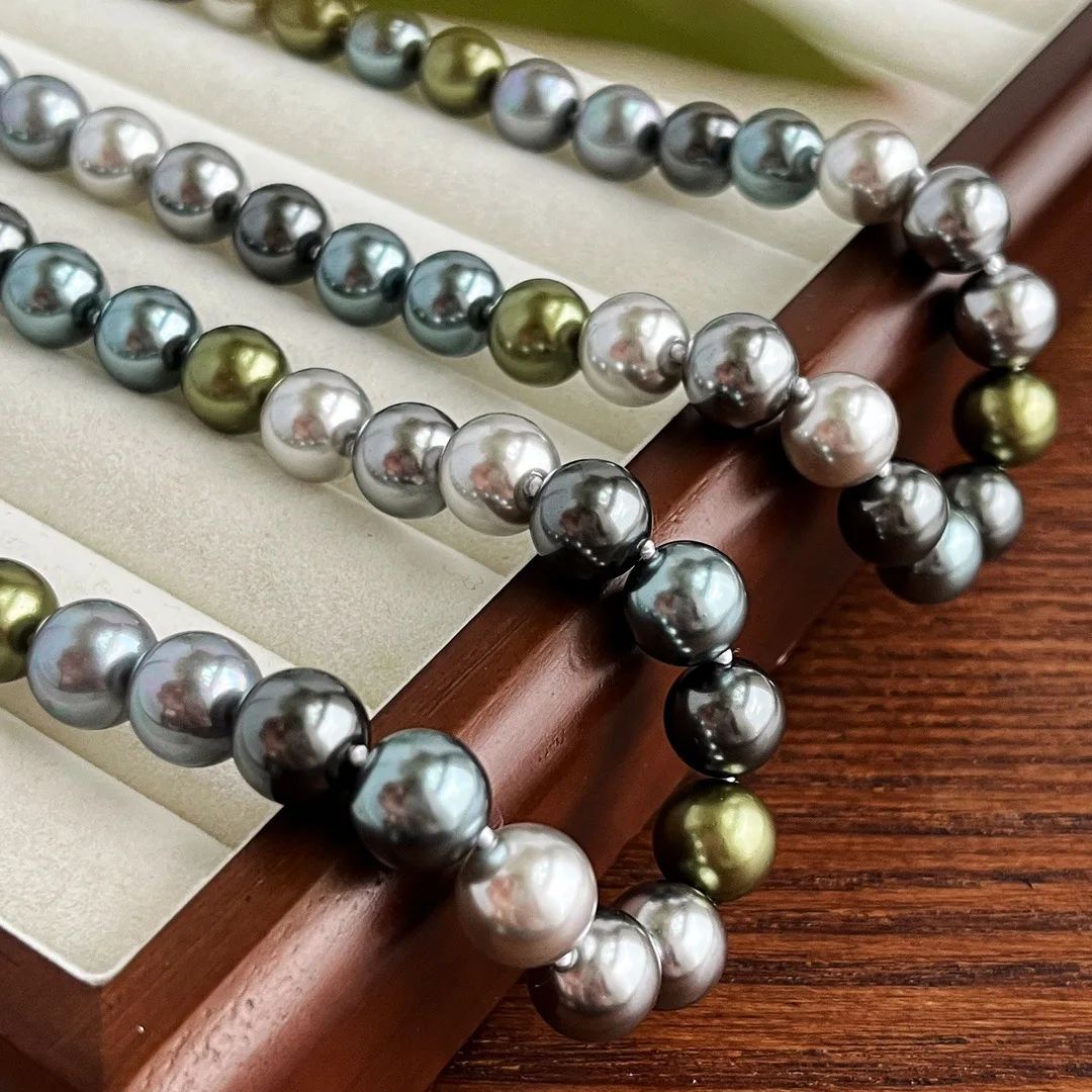 Fall Winter Long High-Luster 10mm Peacock Green Tahitian Mixed Color Faux Pearl Sweater Necklace, Layering Strand for Women