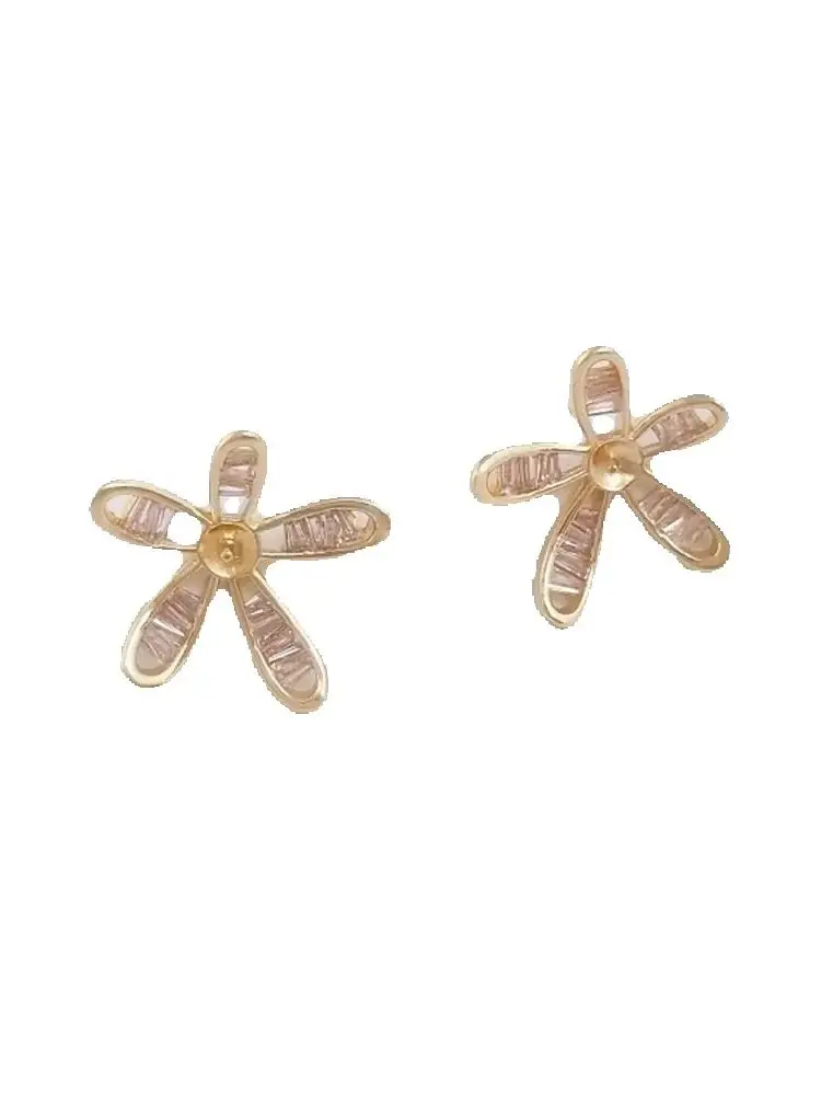 

14K Gold-Color Zirconium Five-petal Flower Pearl Empty Holder Earrings 925 Silver Needle DIY Handmade Flower Earrings Material