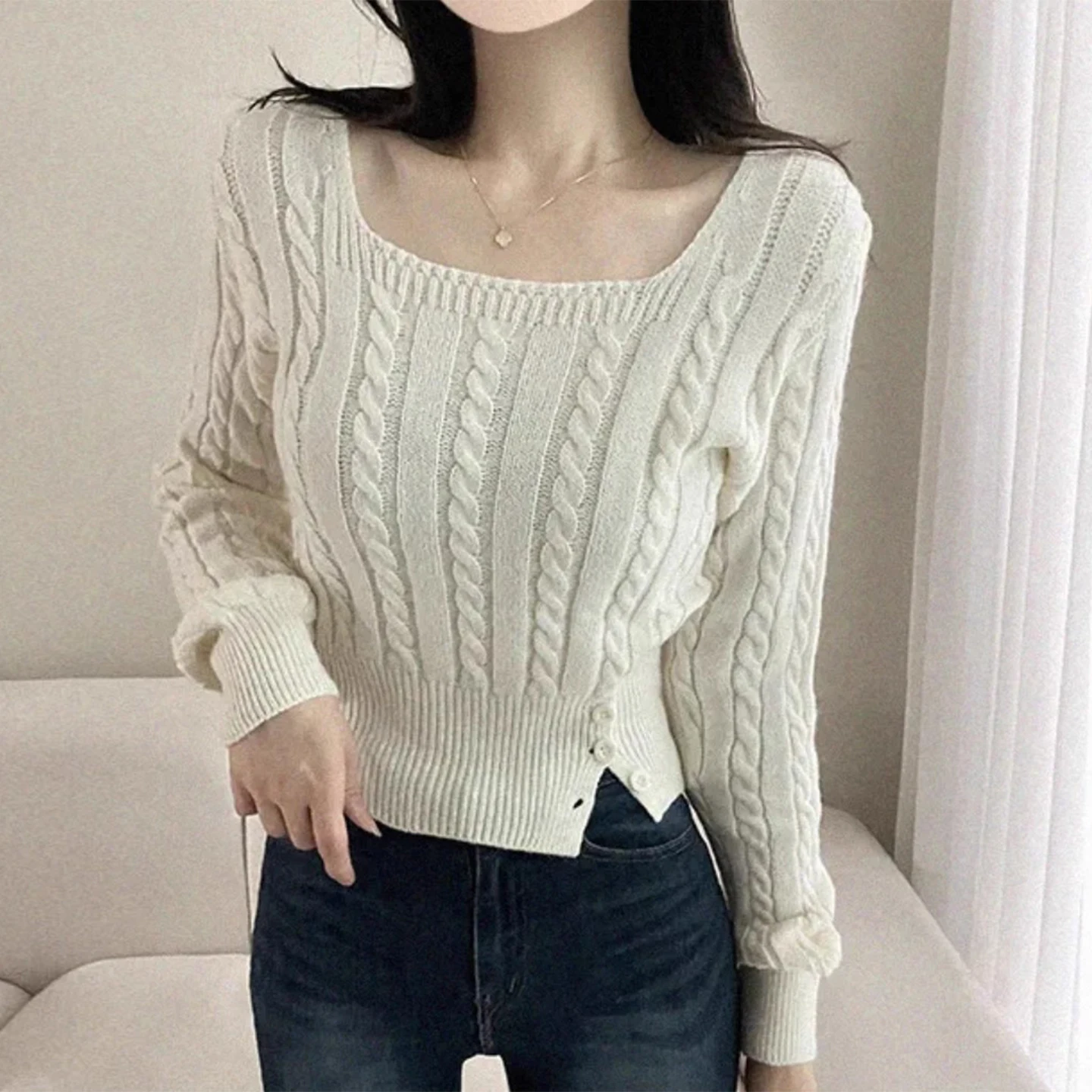 

Retro Square Collar Svel Knitted Sweater Women's Base Layer Side Buttoned Winter New Sle Korean Sle Slim Fit Knitwear