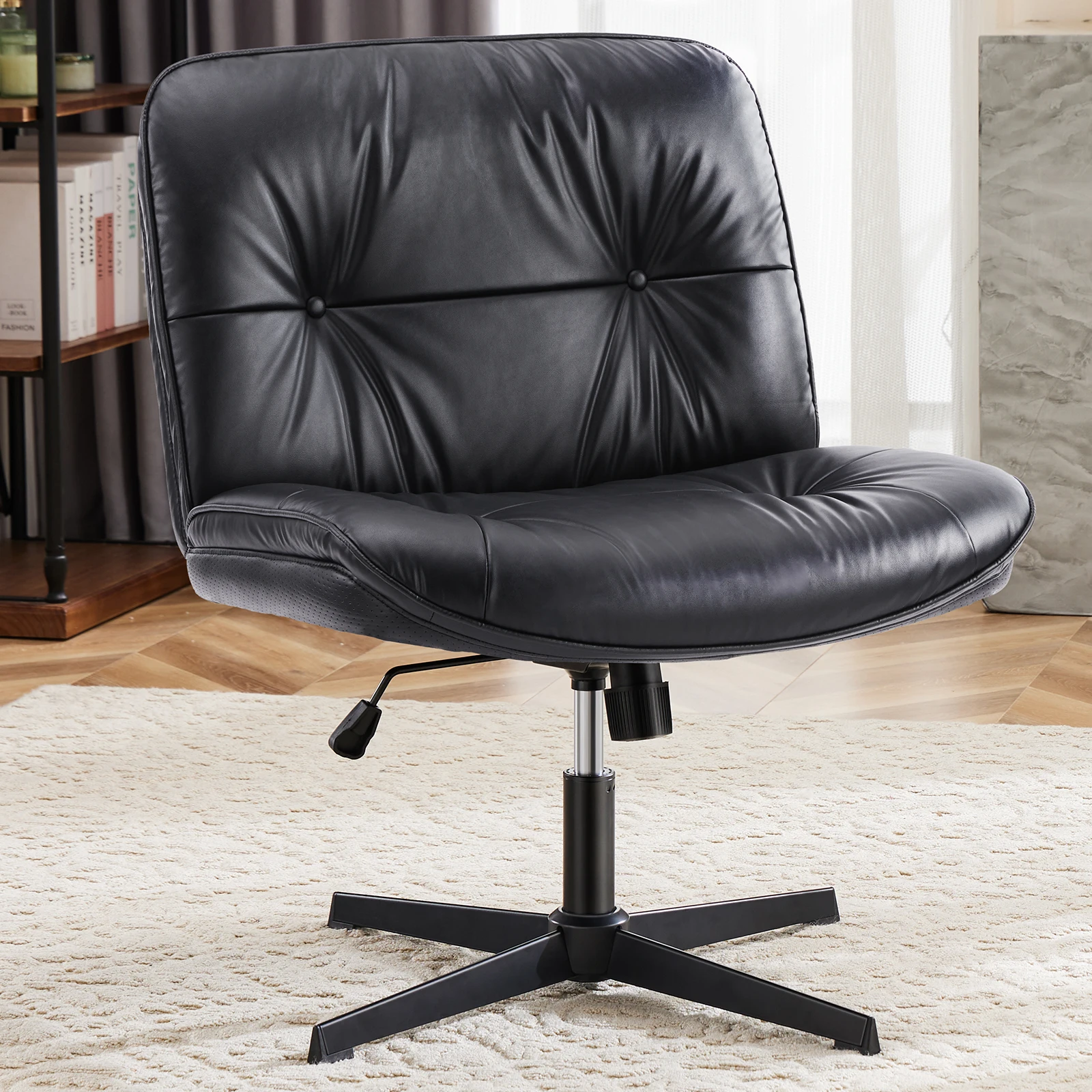 JHK PU Leather Cross Legged Office Chair Armless Desk Chair with Dual-Purpose Base Adjustable Swivel Fabric Task Vanity Home