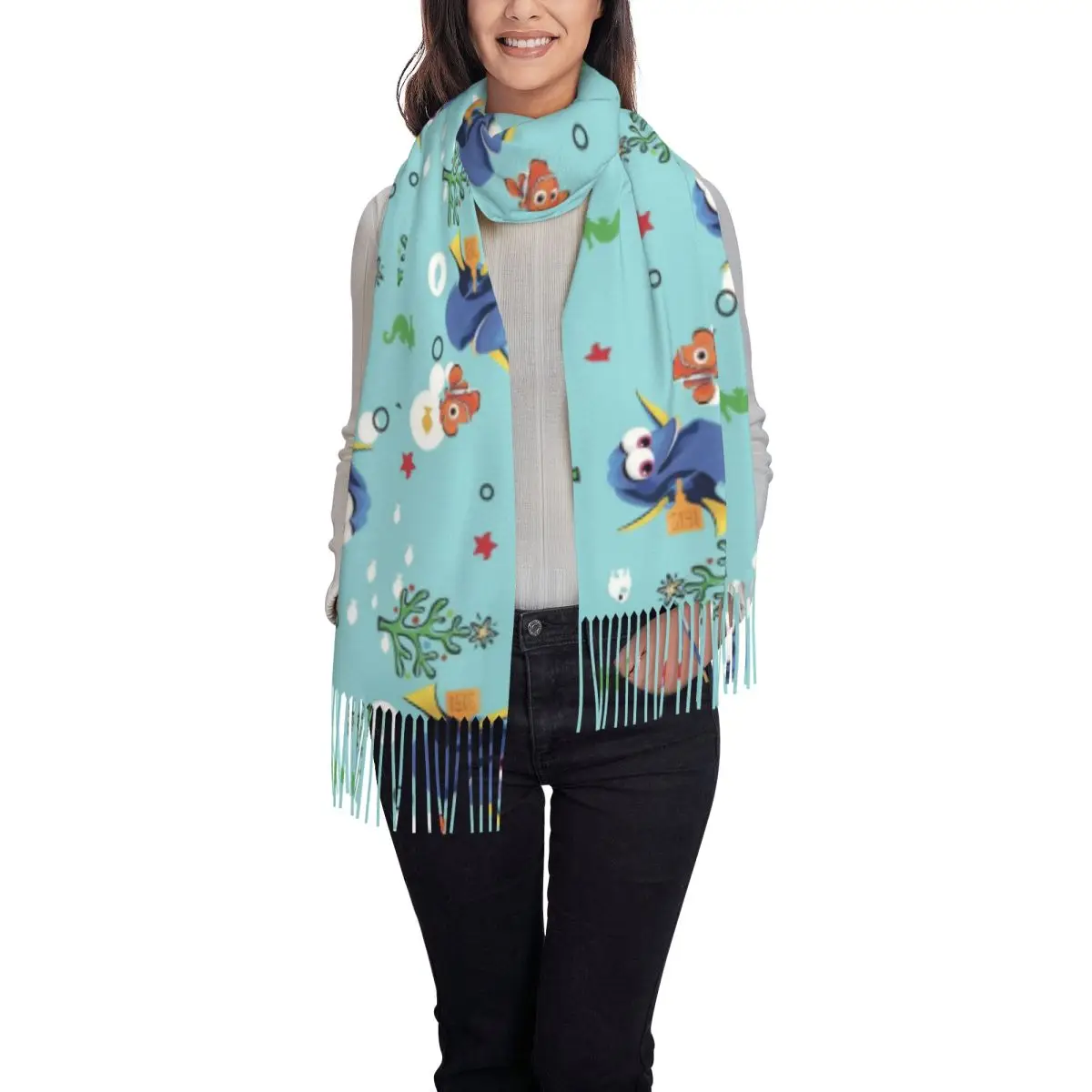 Custom Ladies Long Dory Finding Nemo Scarves Women Winter Fall Soft Warm Tassel Shawl Wrap Scarf