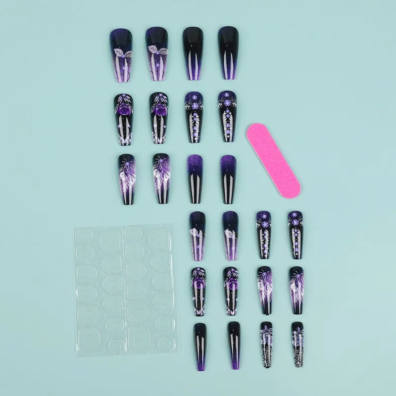 24 Pcs Press on Nails with Charms Purple Rose False Nails with Tools Realistic Fake Nail for Women Holiday Prosthetic Nail Set