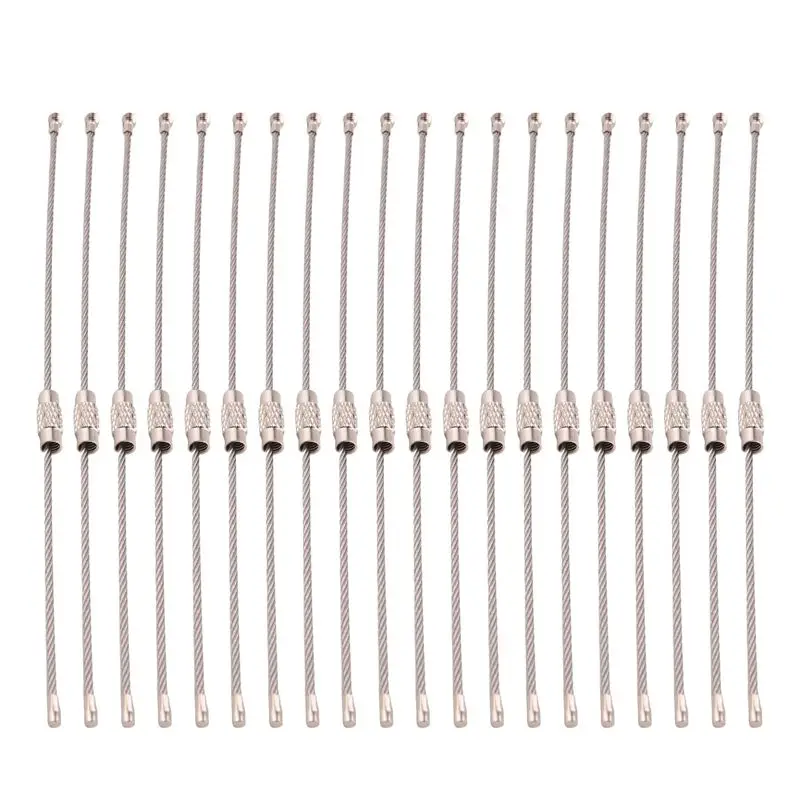 AT14 20Pcs Stainless Steel Wire Key Chain Ring Holder Metal Cable Wire Lanyard With Screw Locking For Outdoors Hanging
