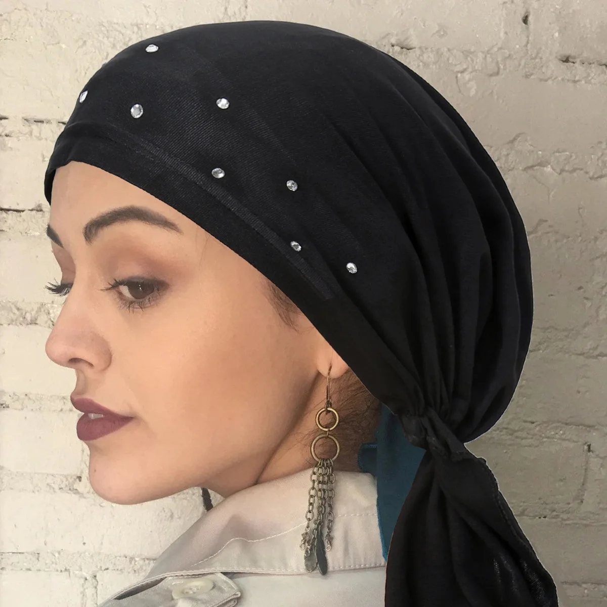 Fashion Pre-Tied Hat Turban Women Muslim Diamonds Hijab Bonnet Beanies Chemo Cap Headwear Wrap Bandanas Headband Hair Accessory