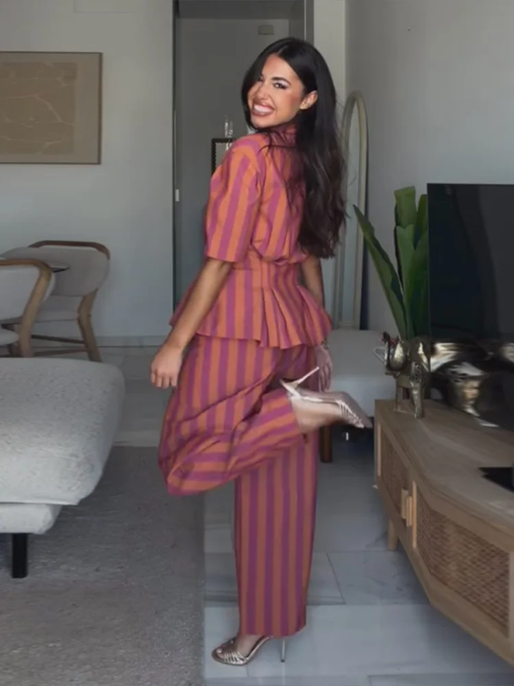 Gestreifte Kurzarm-Oberteil-Hosen-Kombination für Damen, Street-Style Einreihiges Tailliertes Oberteil mit Hochgeschnittener Hose, Modische Damen-Outfits – Detail 17