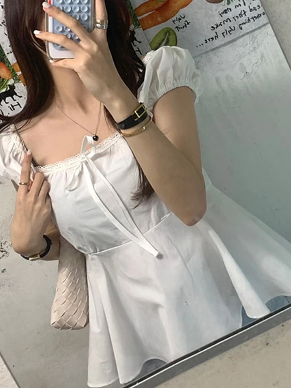 

White Slim Fit Shirt Korean Style Square Collar Bubble Sleeve Knot Waist Cinching Fashionable Women's Top