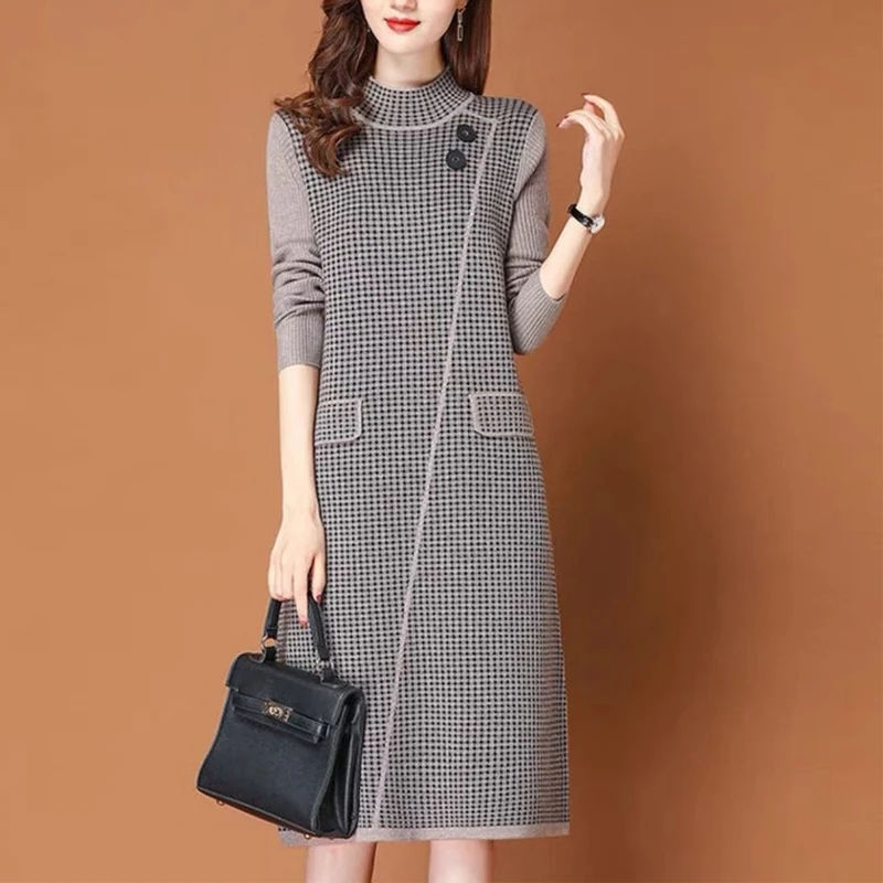 Outono inverno feminino retro xadrez retalhos básico vestidos de malha senhoras elegante meia gola alta manga longa solto vestido camisola