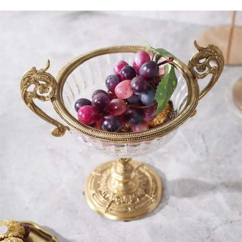 Brass Crystal Glass Fruit Bowl Binaural Plate Decorative Snack Tray Salad Bowls Cake Pan Dessert Dim Sum Dish