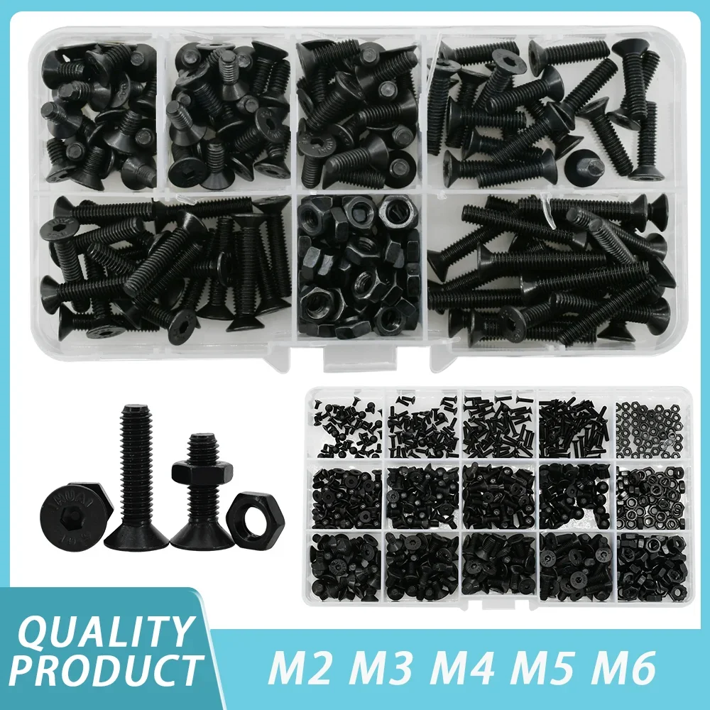 

Набор Плоских шестигранных гаек DIN7991, M2 M3 M4 M5 M6, черный, класс 10.9, стальной шестигранный гнездо, потайная головка, винт