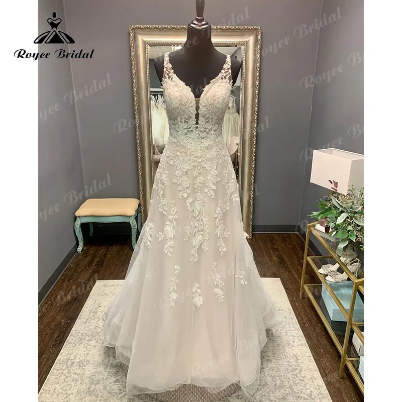 Vestidos Tiefem V-ausschnitt Spitze Appliques Backless Hochzeit Kleid Erröten Rosa Sweep Zug Tüll Hochzeit Kleider Trouwjurk Lange Braut 2023