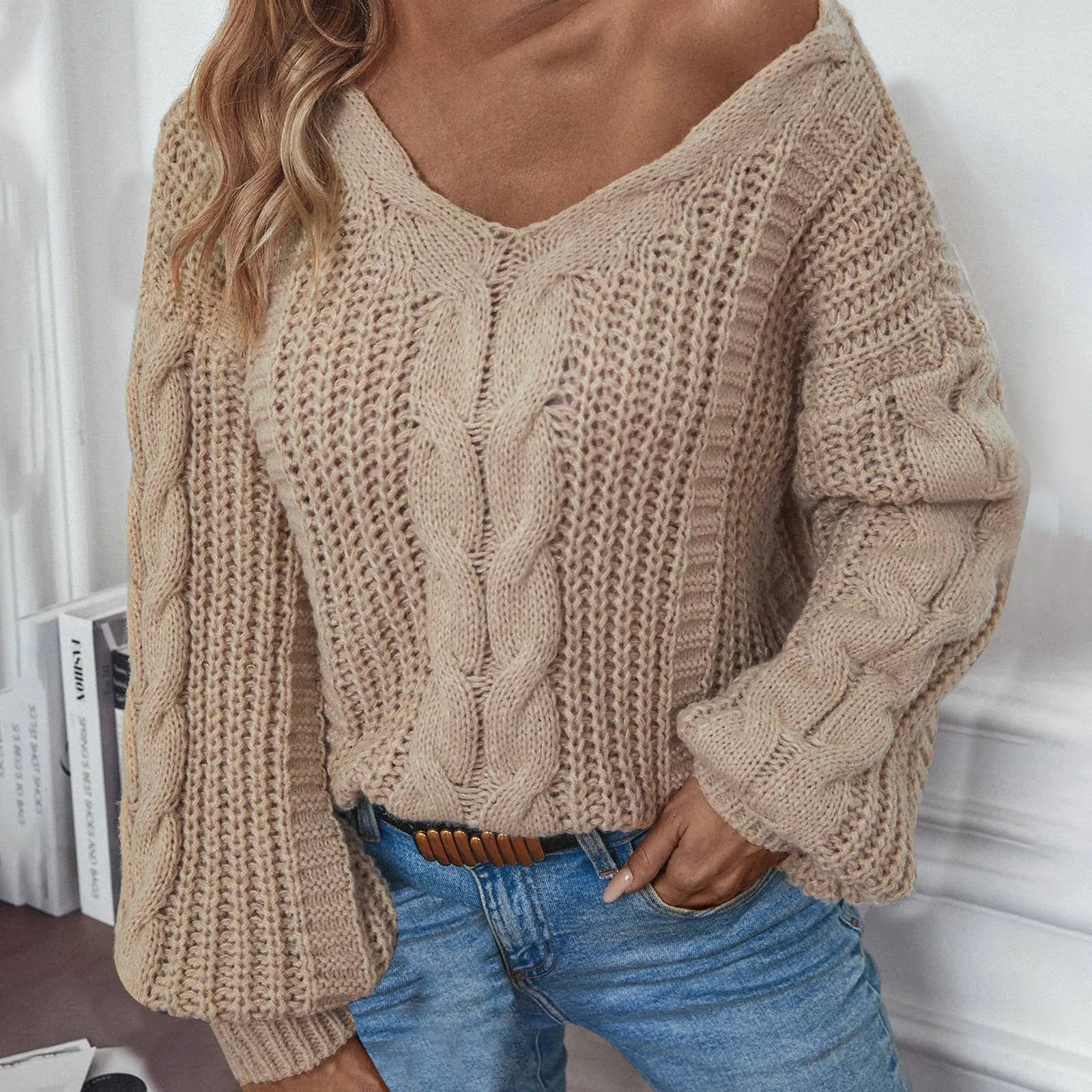 

Casual Loose Twists Knit Pullover Sweater Winter Women's Tops 2024 New V-neck Solid Full Lantern Sleeve Thicked Vintage Sweaters