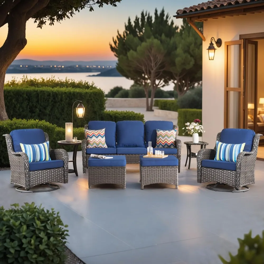 

6-Pieces Patio Furniture Set with Swivel Chairs, Outdoor Wicker Sofa Couch Gliders Rocker Comfy Cushions, High Back Modern