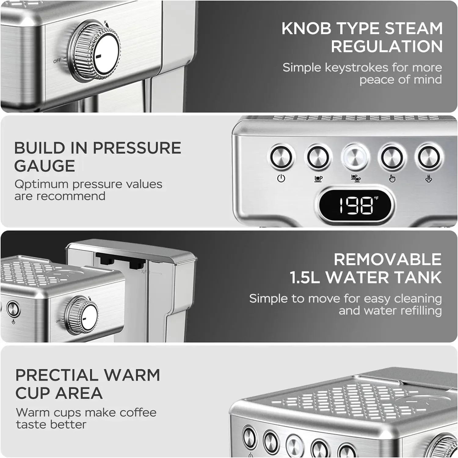 Espresso Machine 20 Bar, Espresso Coffee Maker with Fast Heating Automatic,  Maker 1.8L Water Tank, Temperature Display,USA