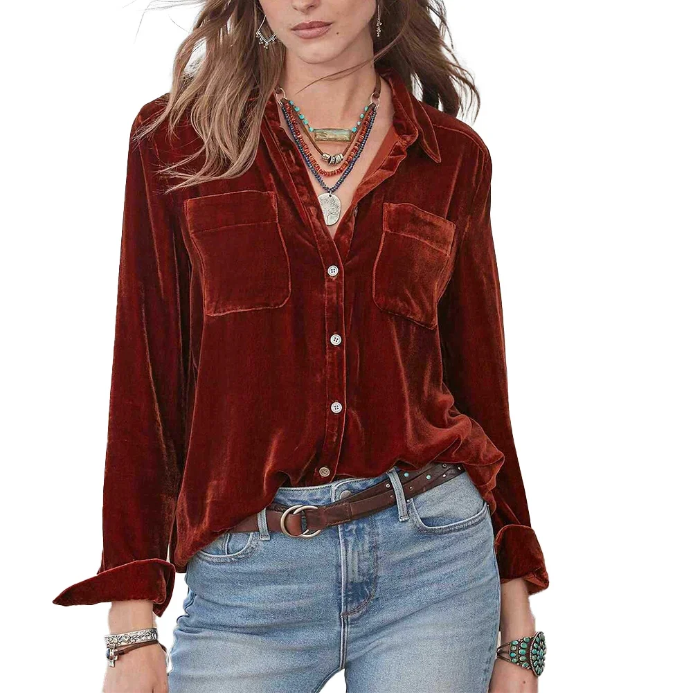 Women Retro Velvet Long Sleeve Button Down Shirt Solid Color V Neck Blouse Tops Trendy Fashion for Autumn and Spring