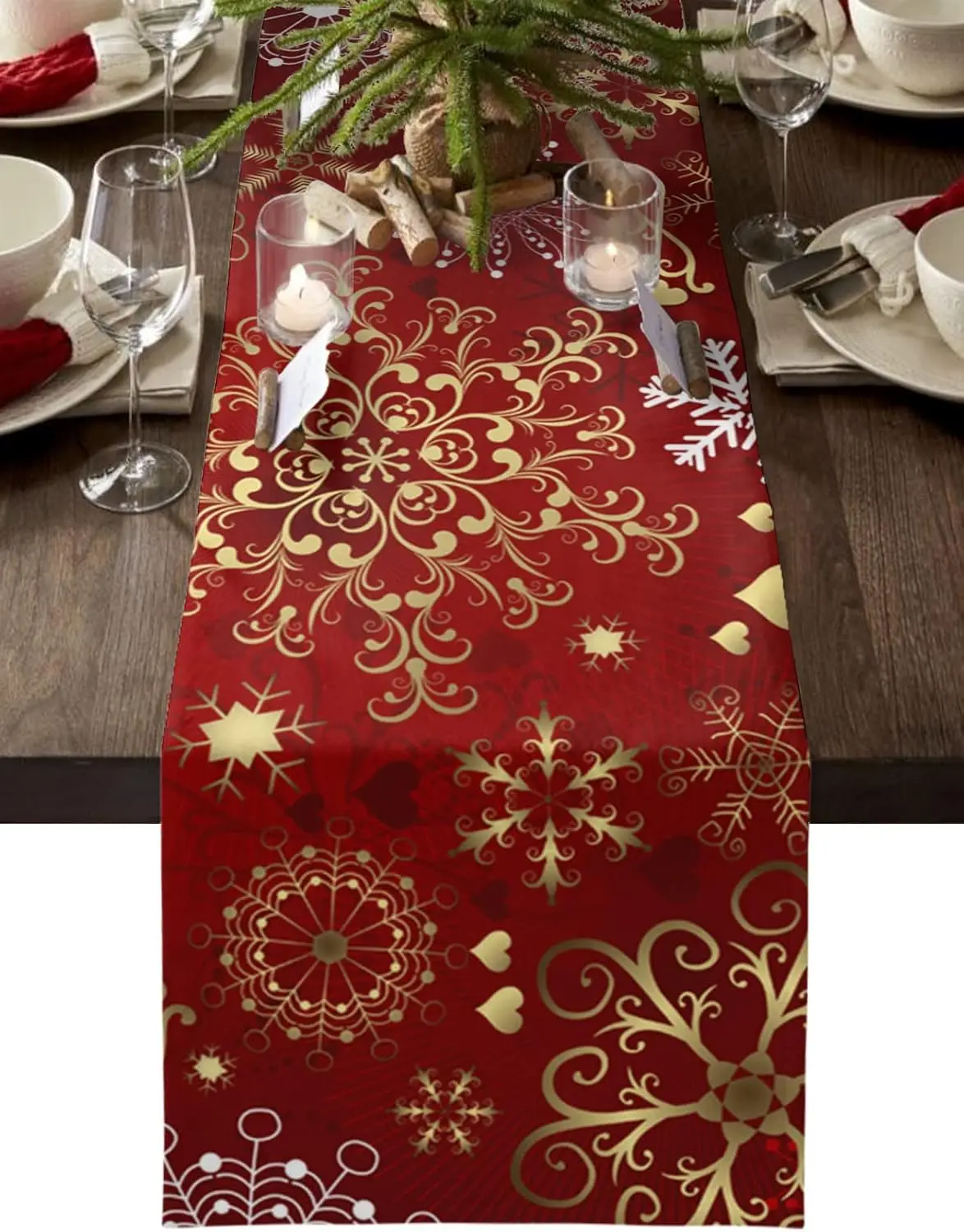 Christmas Gold Snowflakes Red Linen Table Runner Home Party Decor Winter Xmas Kitchen Dining Table Runners Christmas Decorations