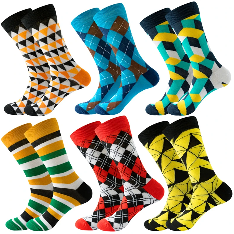 1 Pair Men Happy Colorful Striped Women Socks Quality Plaid Diamond Pattern Argyle Geometric Business Cotton Sock Christmas Gift