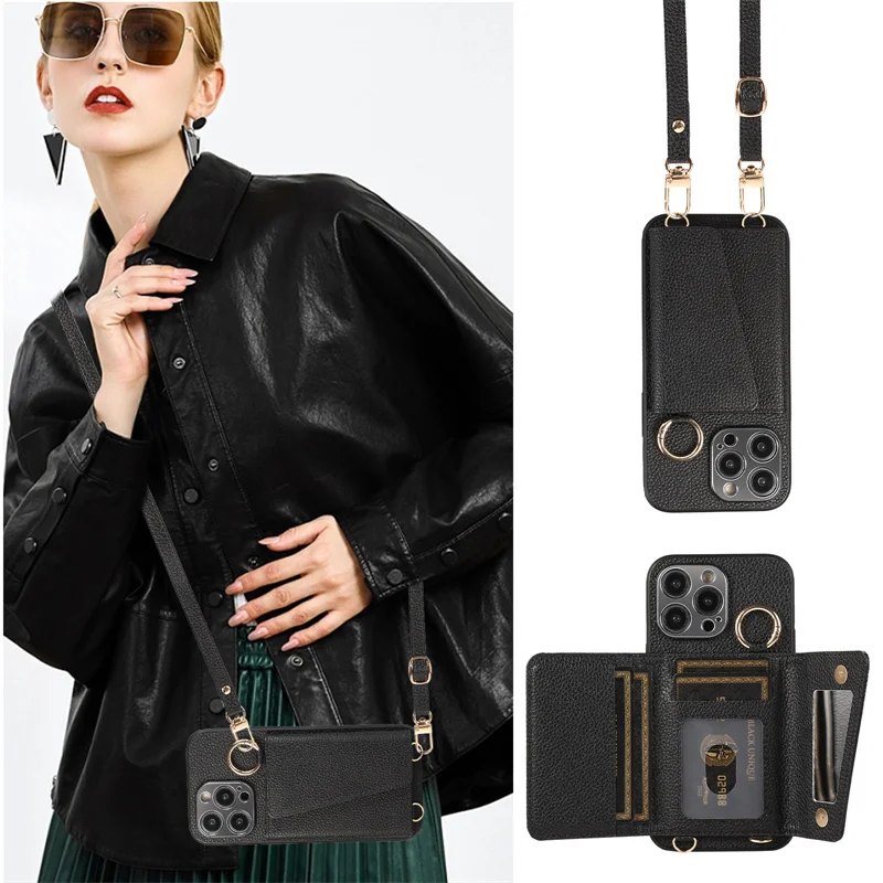Trendige Crossbody-Hülle mit Lanyard, Make-up-Spiegel und Kartenfächern für iPhone 18, 18 Pro, 16, 17 Pro Max, 15, 14, 13, 12 mit Ringhalter – Detail 2