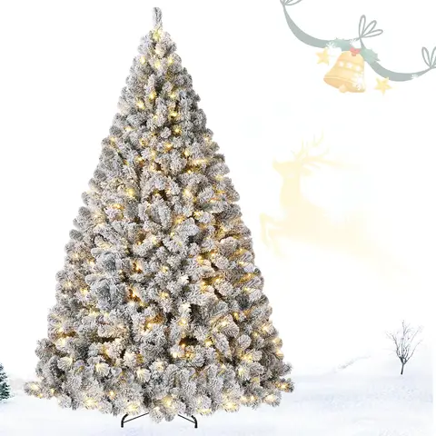 Snow Flocked Prelit Artificial Christmas Tree with Warm White Lights, Realistic Design, Collapsible Metal Stand & Foot Pedal On/Off – Easy Setup Holiday Decor for Home & Outdoor
