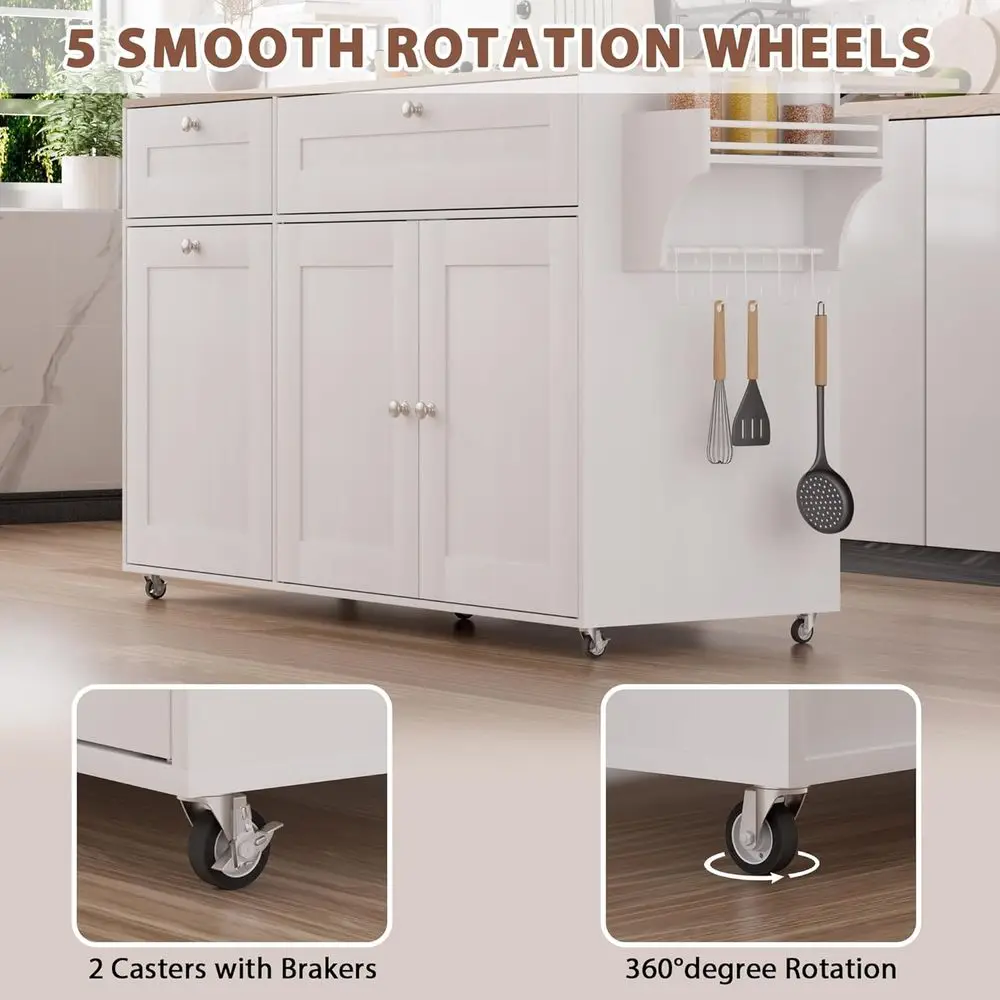 جزيرة مطبخ بعجلات مع أوراق متدلية، مخرج طاقة، تخزين، سلة مهملات، أدراج، رفوف توابل ومنشفة - أبيض