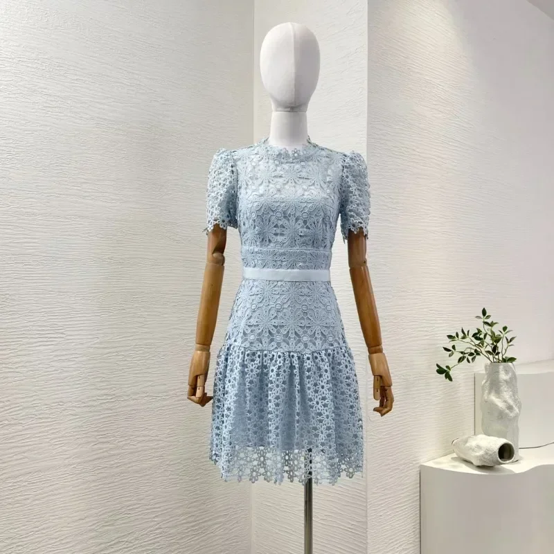 Top Quality Blue Short Sleeve Elegant Attractive Arrivals Mini Lace Dresses for Spring Summer Women's Clothes 2025 New