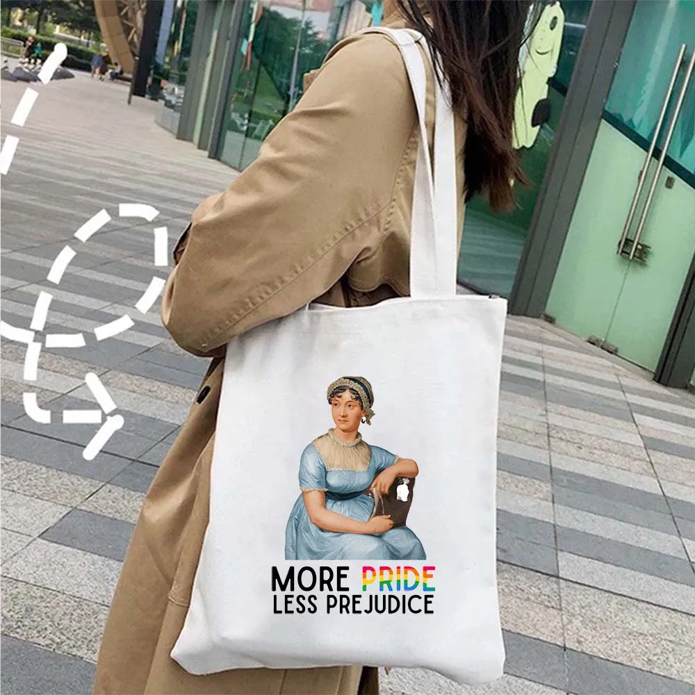 More Pride Less Prejudice Jane Austen Pride Prejudice Elizabeth Darcy Book Bennet Cartoon Shopper Canvas Tote Bag Cotton Handbag