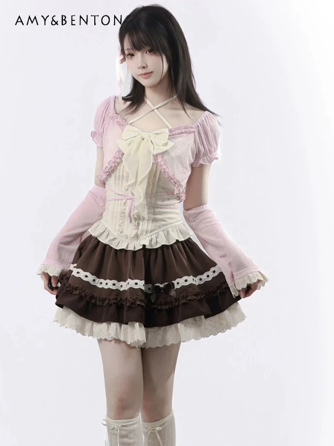 

Water Series Lace-up Bow Sling Ruffle Edge Short-sleeved Thin Blouse Cake Skirt Sweet Girl Slim Sets Summer Cute Three-piece Set