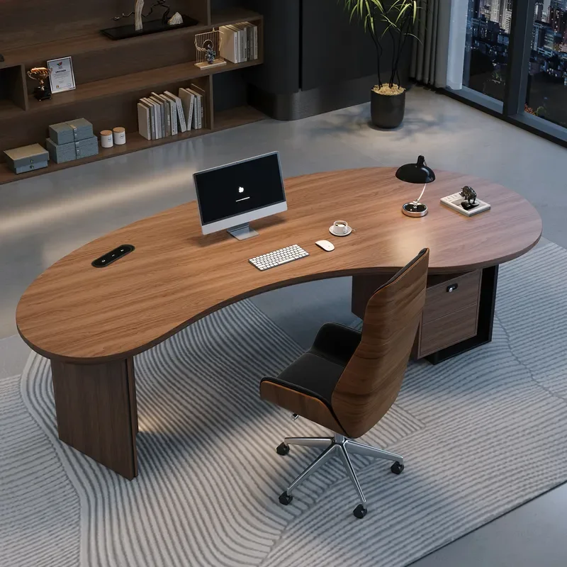 Solid Wood Modern Simple Cashew Curved Desk Walnut High End Office Table for Women