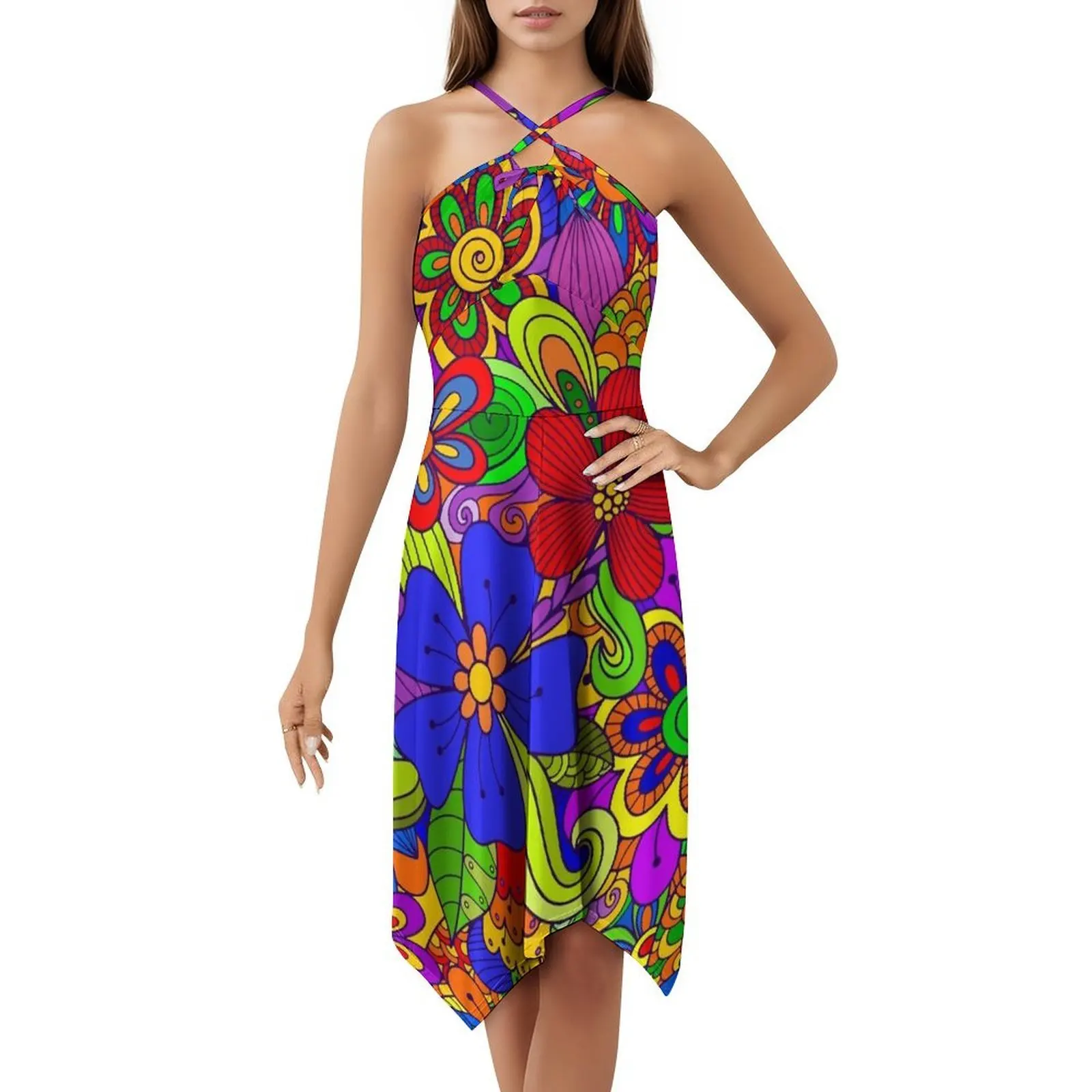 فستان بوهو أنيق بتصميم جرافيكي ملون على شكل زهرة جميلة، فستان أنيق لحفلات الزفاف على الشاطئ، زهور قوس قزح ريترو #5