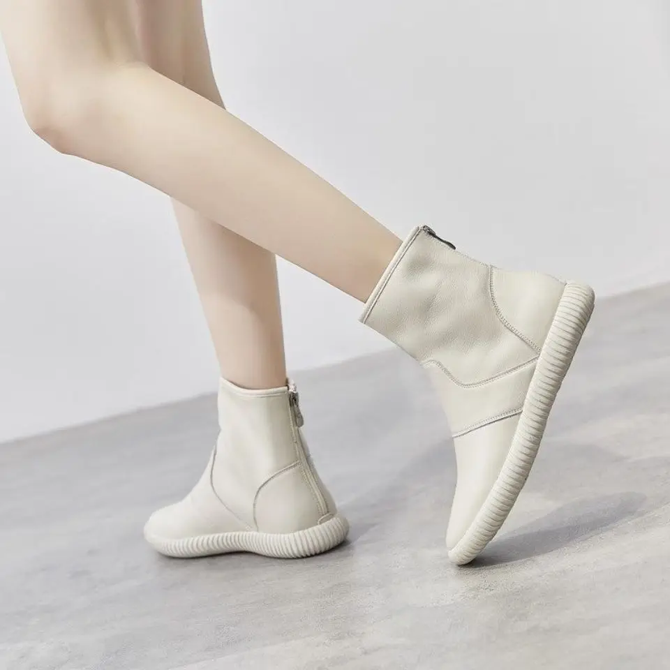 Booties White Platform Female Ankle Boots Work Sneakers Chunky Leather Short Shoes for Women Sports Flat Footwear Spring 2024 Pu