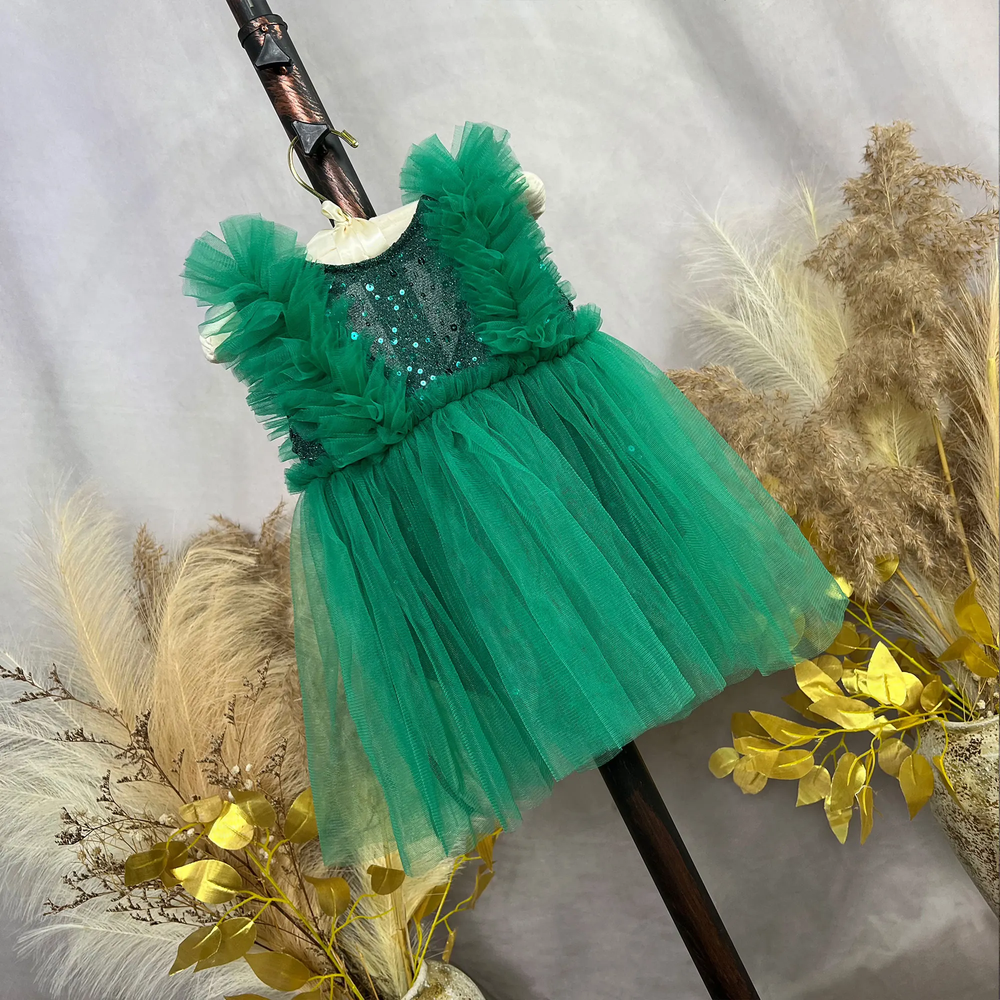 Girl Costume Green Tulle Ruffled Lace Sleeveless Sequin Dress Birthday Ceremonial Ball Gown Children's Formal Wear Photography