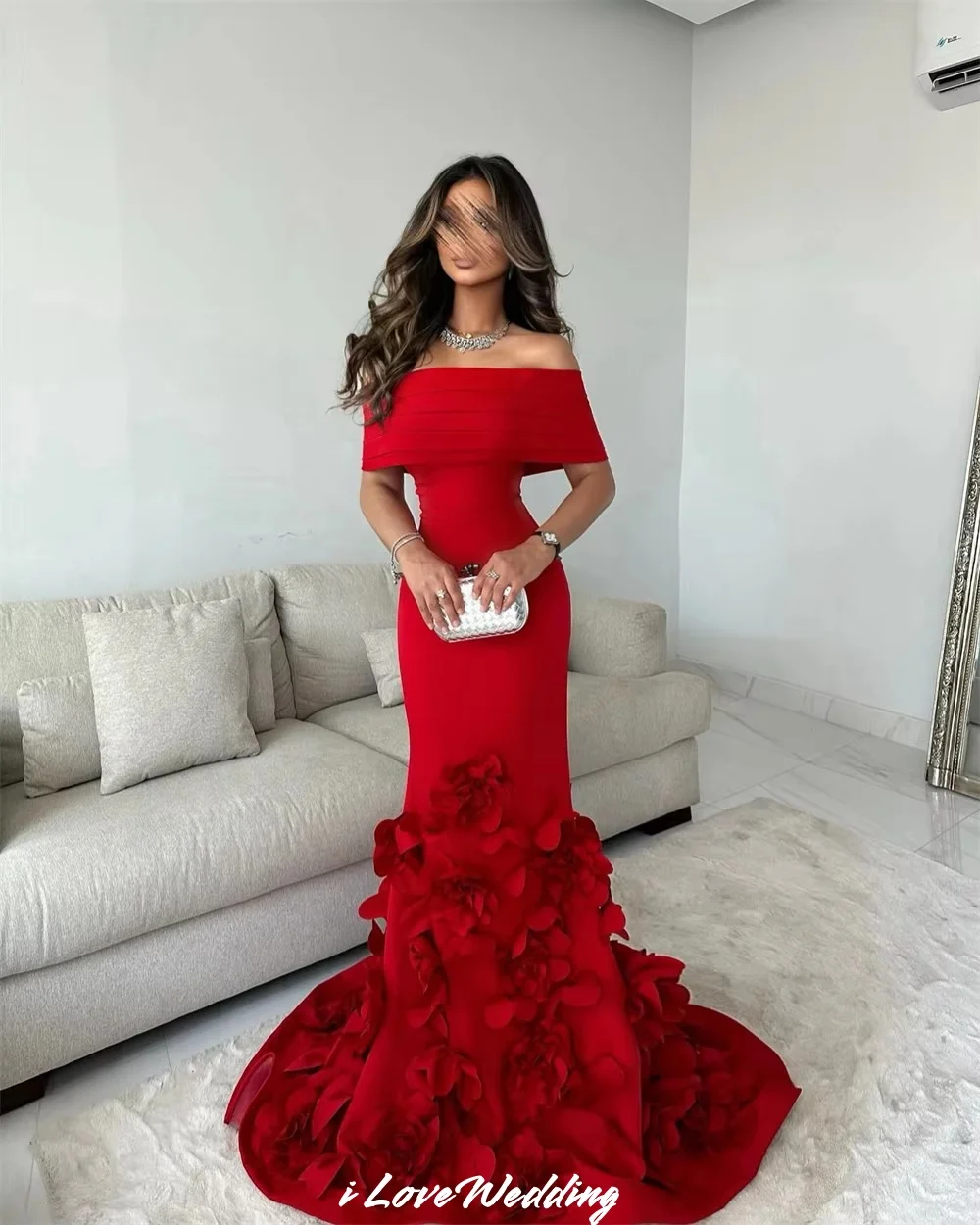 

Red Off the Shoulder Prom Dresses 2025 3D Flower Pleated Evening Dress Sweep Train Floor-Length Wedding Guest Dress Customized