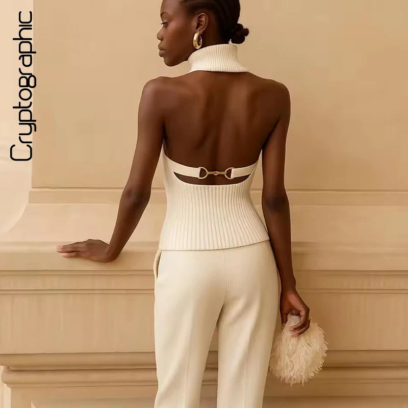 Cryptographic Fall Winter Knitted Sexy Backless Sweaters Women Sleeveless Turtleneck Warm Top and Shrug Slim Streetwear Clothes