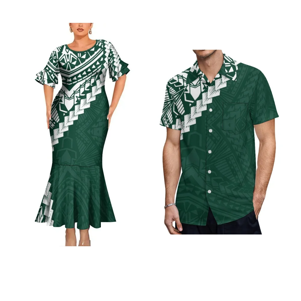 Polynesian Tribal Women Fashion Dress Couple Suit Women Elegant Fishtail Skirt Men Fashion Pocket Shirt Samoa Island Dress