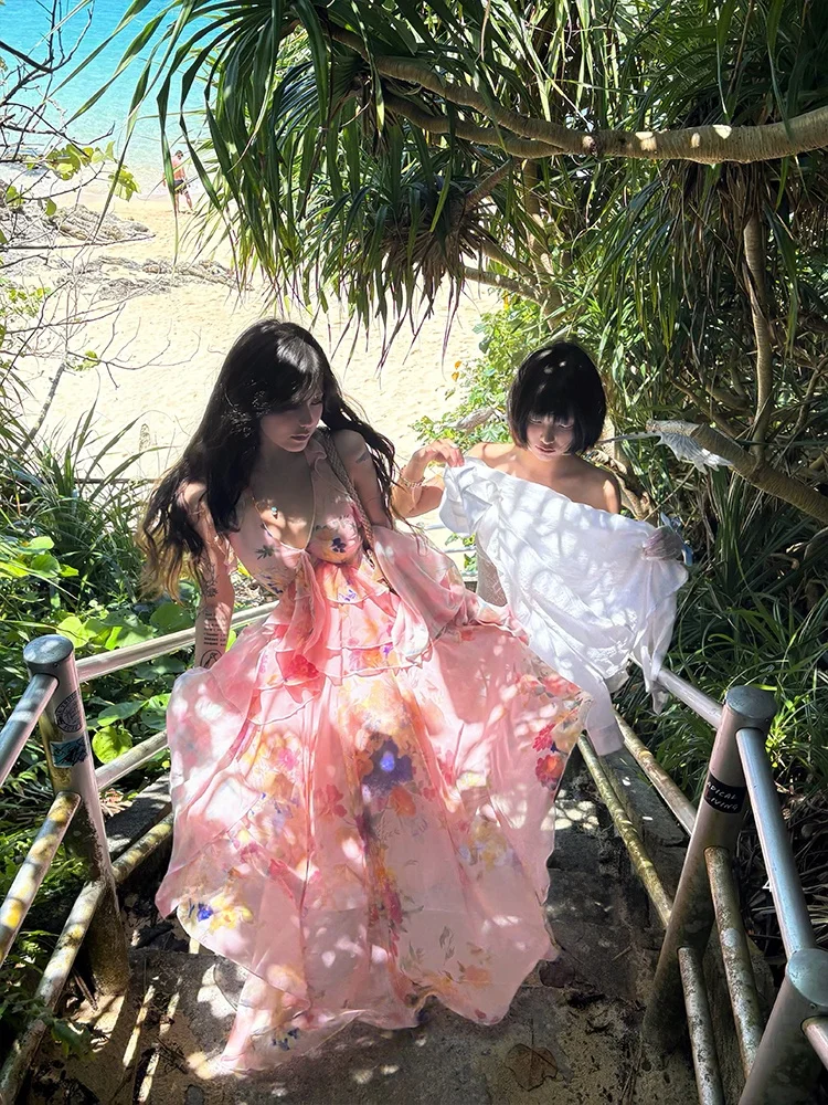 

Романтичное повседневное платье с цветочным принтом и завышенной талией для молодых женщин, летнее, с V-образным вырезом, А-силуэт, длинная юбка