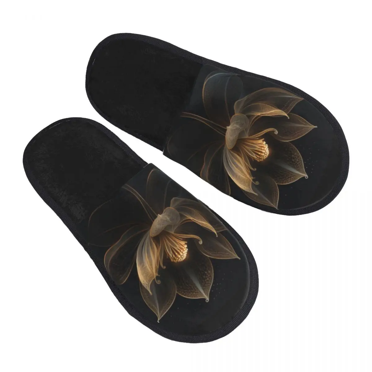 Winter Women Men Non-Slip Flat Slippers Lotus Flower With Golden Petals Indoor Fur Soft Warm Shoes