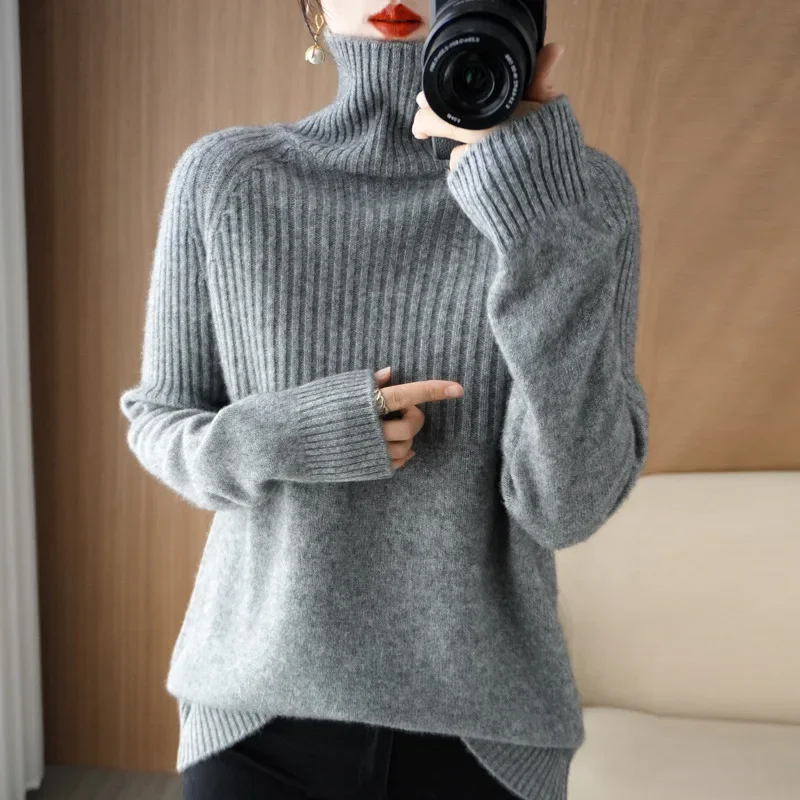 Frauen Lose Faul Stil Langarm Overhead Gestrickte Basis Shirt Einfarbig Volle Hülse Herbst Winter Dicke Hohe Kragen Pullover