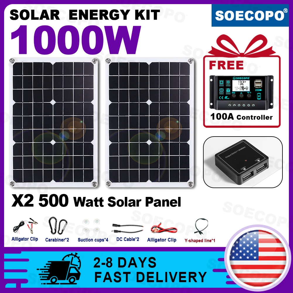 

(U.S Stock 2-8 Days) SOECOPO 1000W Portable Solar Panel Kit 2*500W Photovoltaic Panels for Camping Free 100A Controller USB 5V