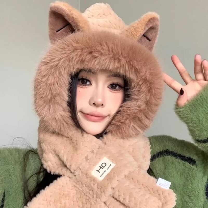 New Fox Ear One- Hat Female Winter Cute Plush Furry Animal plus Lian Scarf Two-Piece Set