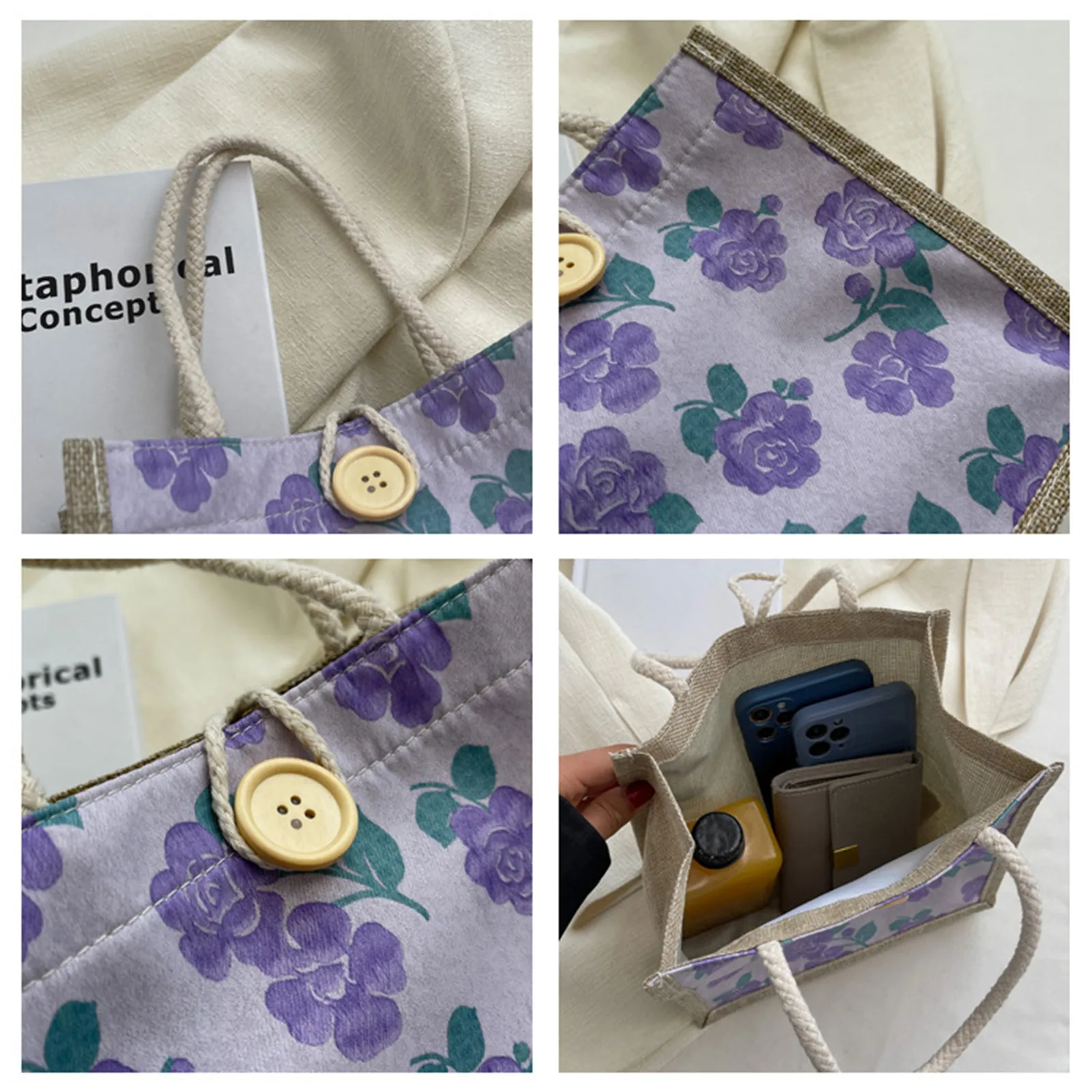 Linen Tote Bag Storage Bag Lunch Pouch Tote Bag Handbag Bento Bag Button Clasp Cute Flower Printing Picnic Food Bento Bag image 6