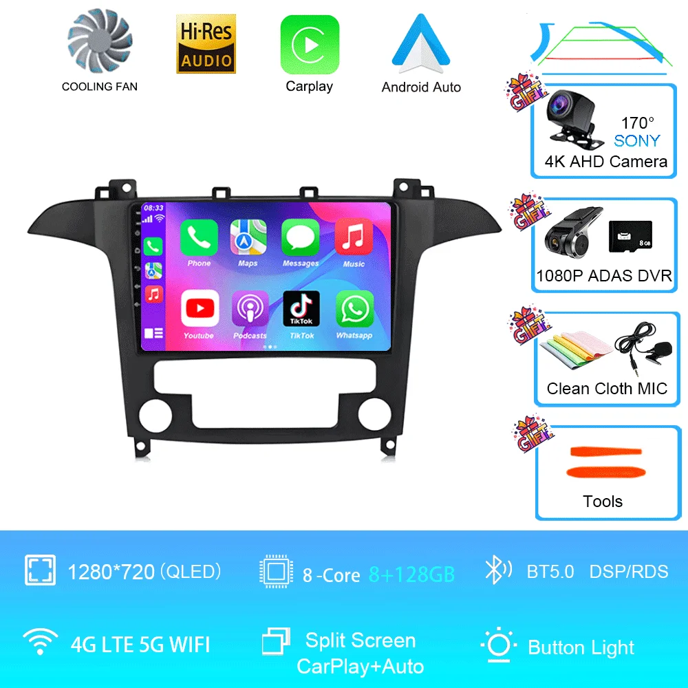 Android 16 voor Ford S-Max S-MAX 2007 2008 2009 2010 2011 - 2015 Videospeler Carplay Auto Multimedia Autoradio WIFI+4G DSP Stereo