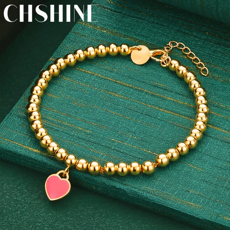 925 Sterling Silver 18K Gold  Beaded Bracelet Pink Heart Charm Shiny Round Ball Beads Women Sweet Jewelry Gift