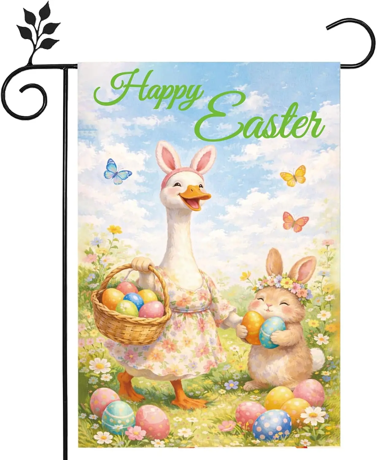 Happy Easter Garden Flag, 45x30cm/18x12in Double-Sided Flax Bunny Egg Duck Spring Yard Flag Outside for Patio Garden Porch L PPM