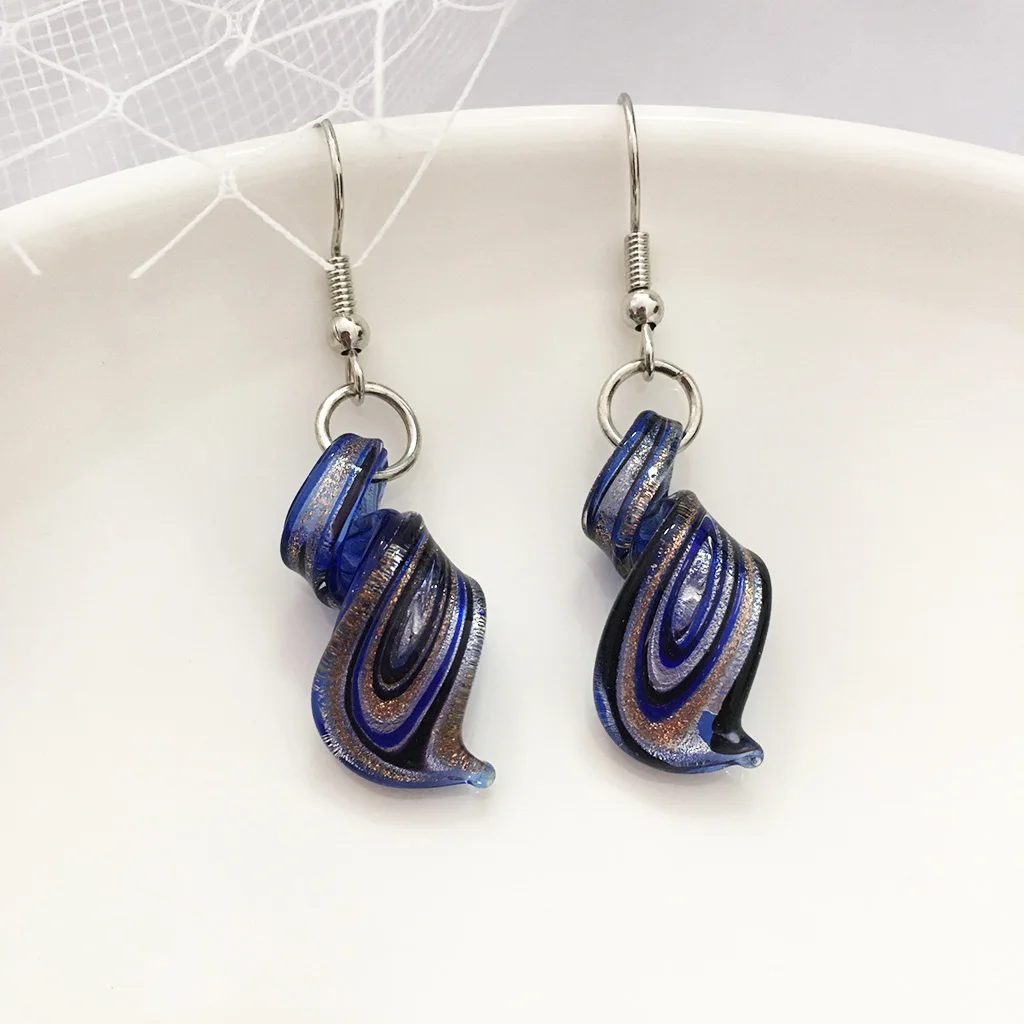 1 paar Chinese stijl glas Muran retro oorbel handgemaakte persoonlijkheid hanger vrouwelijke spiraal marineblauw glazen hanger