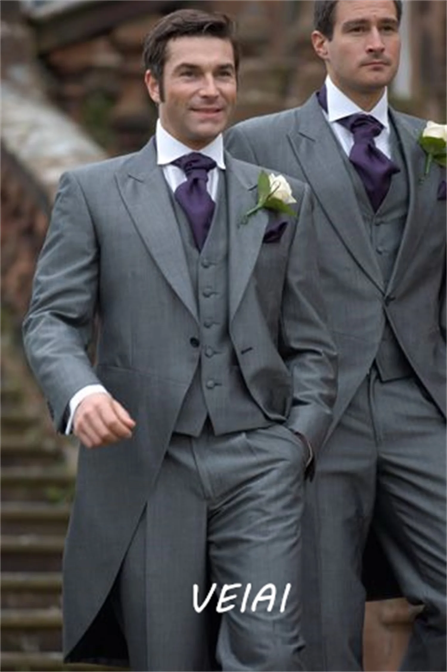 

CustomizedCustomized formal business wedding groom latest jacket design gray long tail wedding dress men's slim 3 piece tuxedo s