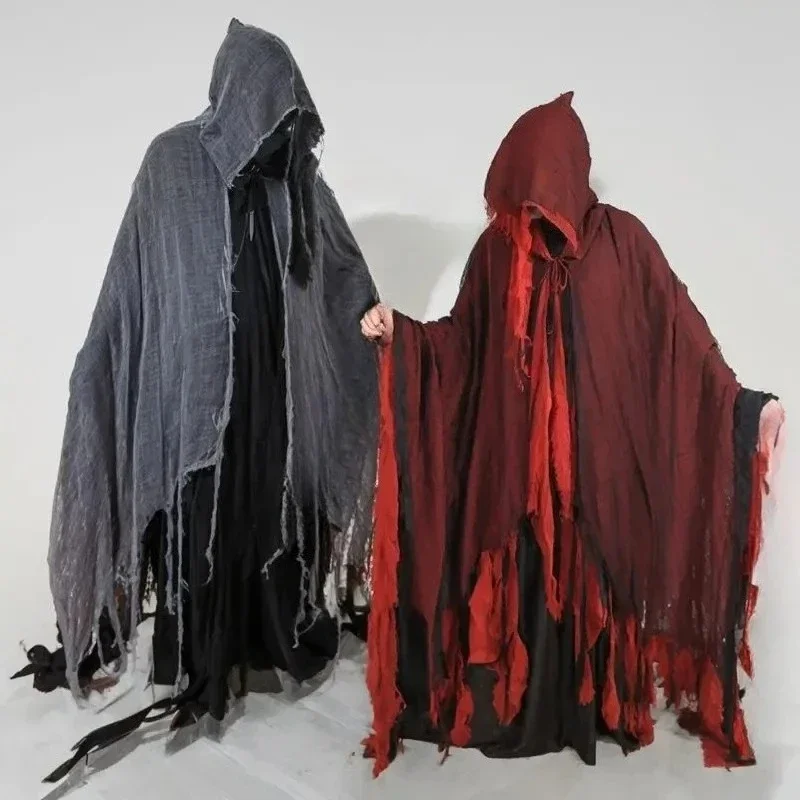 

2025new Style No Face Man Mentors Ghost Cosplay Costume Unisex Gothic Horror Hooded Halloween Red Cloak Death Party Dress Up