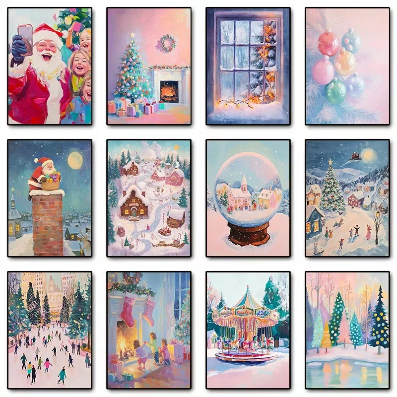 Christmas Tree Winter Village Landscape Snow Globe Ice Skating Poster Canvas Painting Wall Art Pictures Home Interior Decor