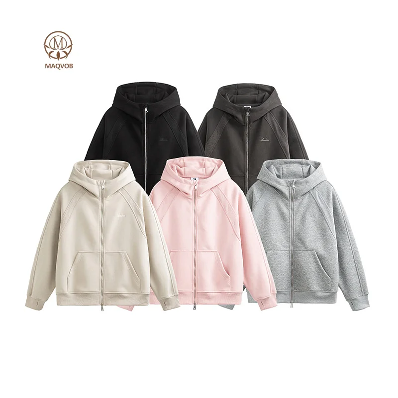 

MAQVOB High Quality EU US Size Spring Hooded Sweatshirt Unisex Raglan Retro Jacket Versatile Women Casual Zip Jacket