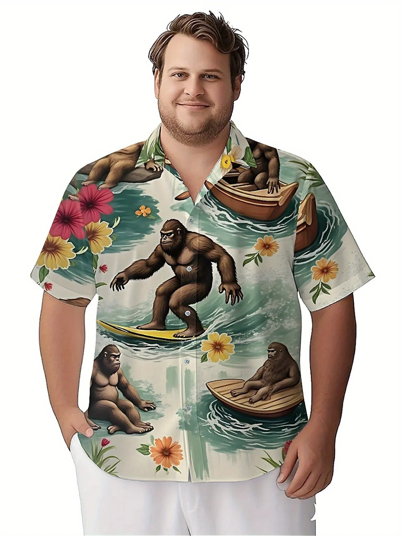 Men's Plus Size Hawaiian ShirtsGorilla Surfing and Dancing with Nature_pattern,Premium Comfort Youth Clothes,Streetwear Y2K Tops