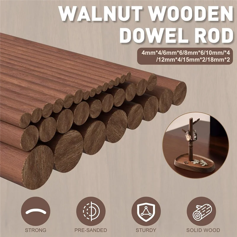 

ABKO-32Pcs 7 Size Walnut Wooden Dowel Rods 6 Inch Long Wooden Dowel Rods Sticks 4/6/8/10/12/15/18Mm Wood Sticks